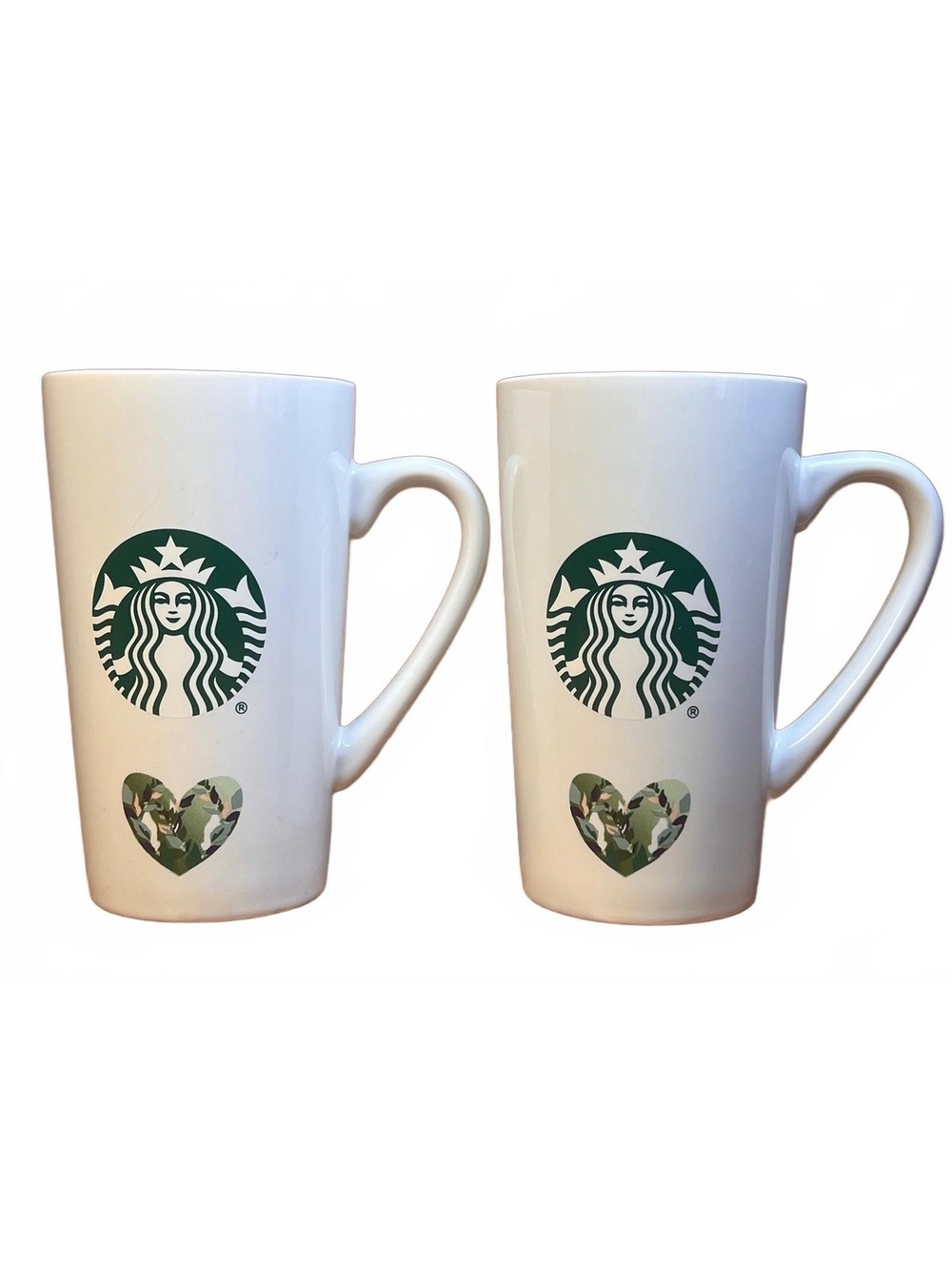 Starbucks 16 oz Ceramic Coffee Mugs with Green Heart Design - Set of 2